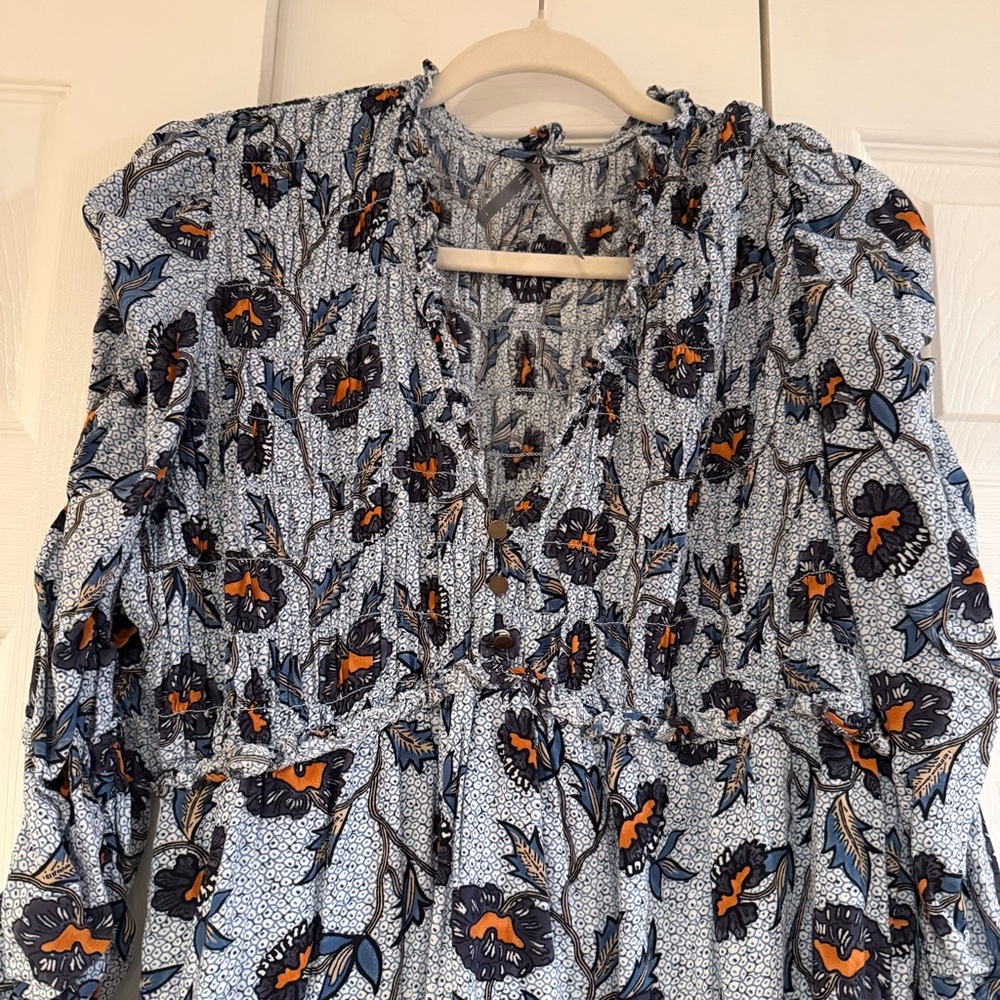 Anthropologie Blue Floral Smocked Mini Dress, Size L Worn on TV - Picture 4 of 16